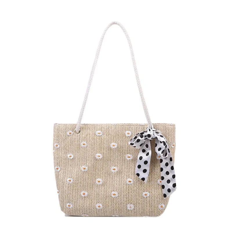 Bow-Tie Embroidery Daisy Shoulder Bag