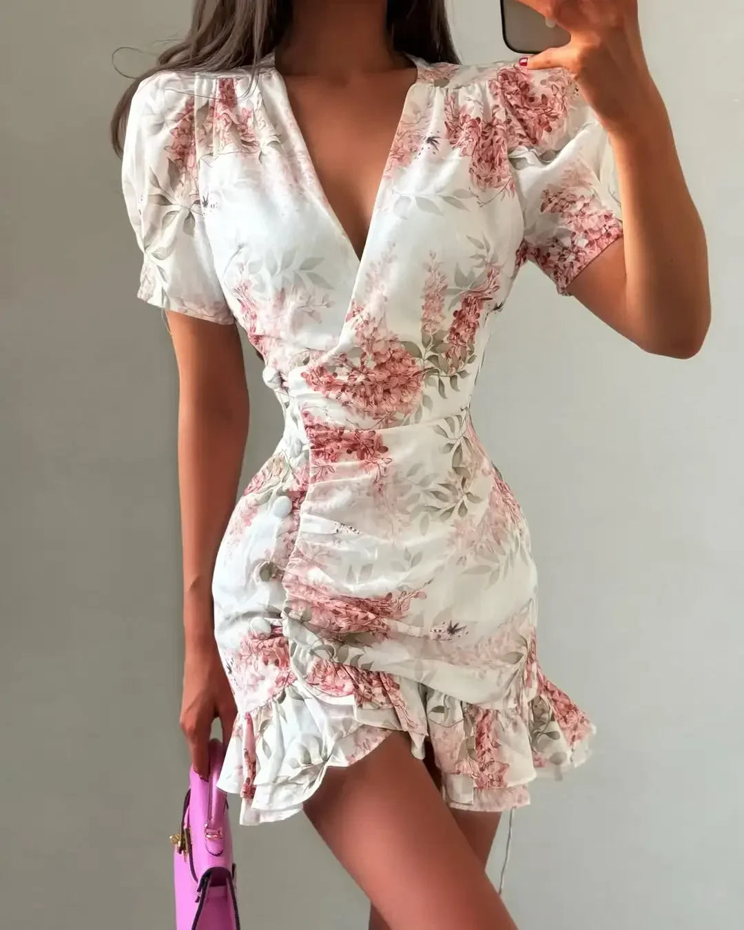Floral V-neck Ruffles Mini Dress