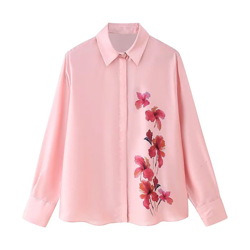 Floral Print Pink Satin Shirt