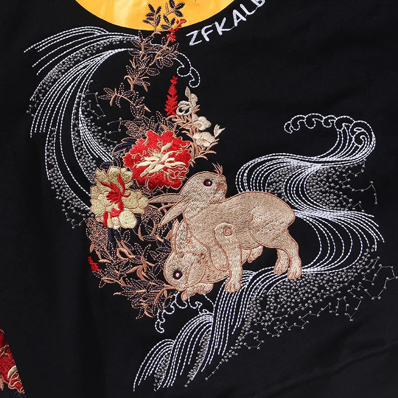 Embroidered Floral Moon Black Hoodies
