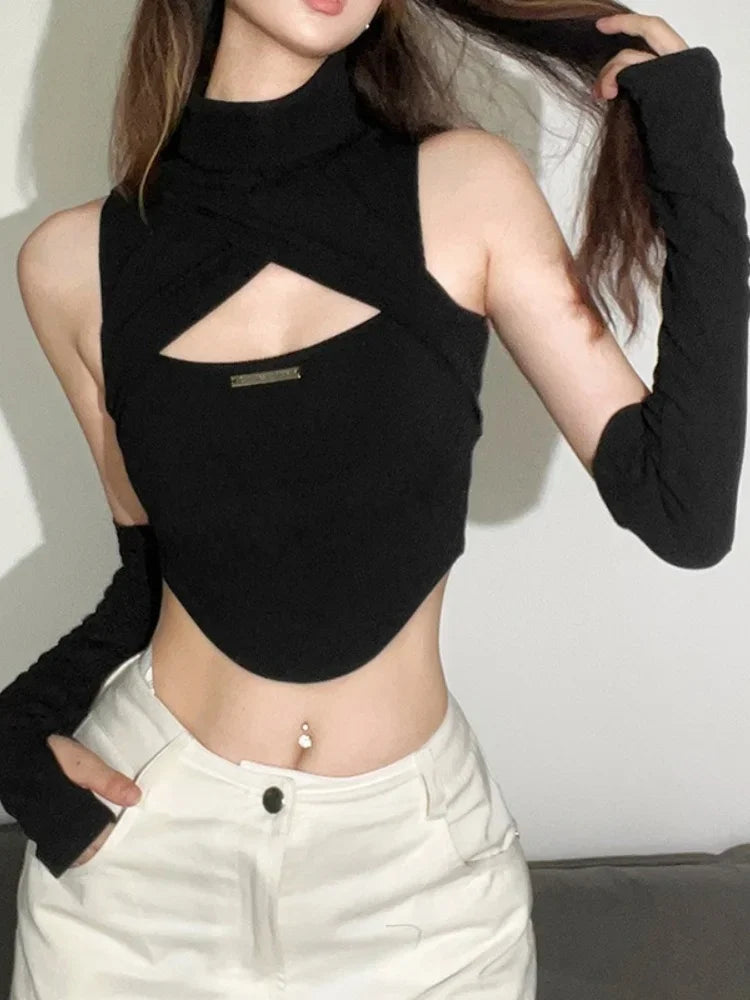 Hollow Out Turtleneck Y2k Black Tops