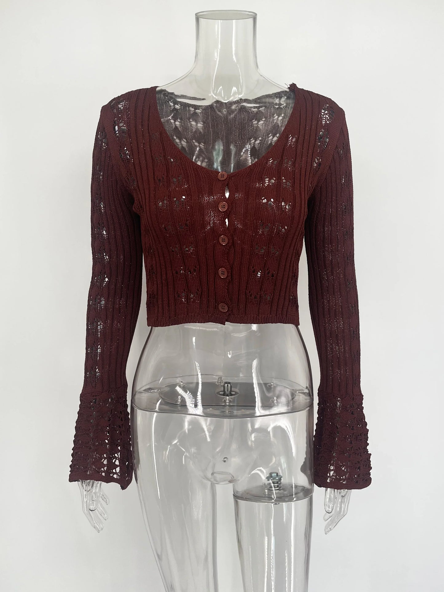 Hollow Knitted Women's Solid Color Long Sleeve Cardigan