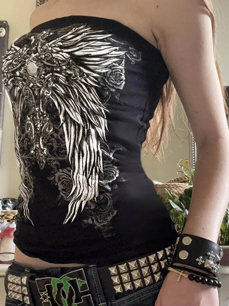 Y2K Gothic Print Black Tube Top