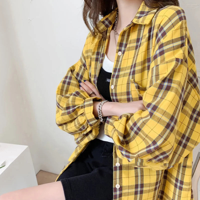 Soft Girl Korean Style Plaid Oversized Shirt