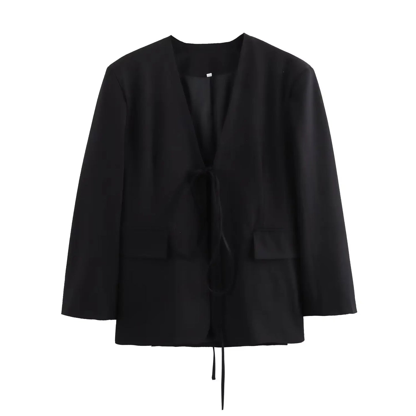 Old Money Black Blazer Women Bow Tie Pockets