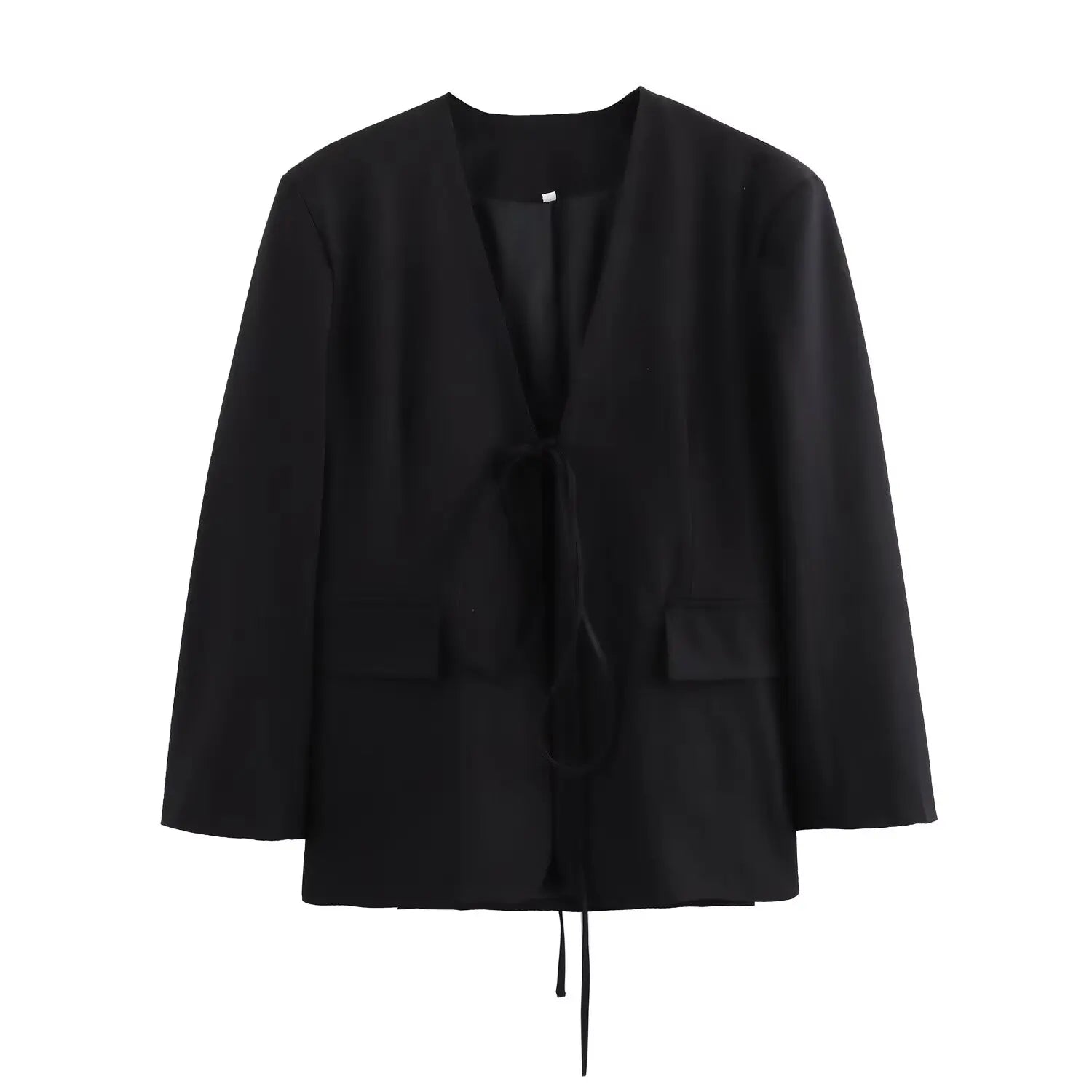 Old Money Black Blazer Women Bow Tie Pockets