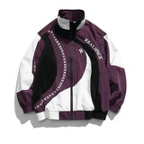Purple and white jacket with branding on a white background