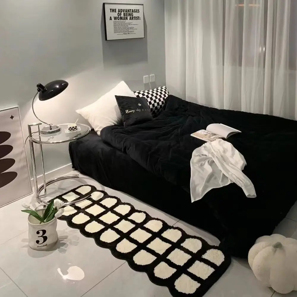 Black Checkered Bedroom Rug