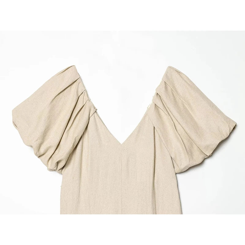 Solid V Neck Puff Sleeve Midi Dress