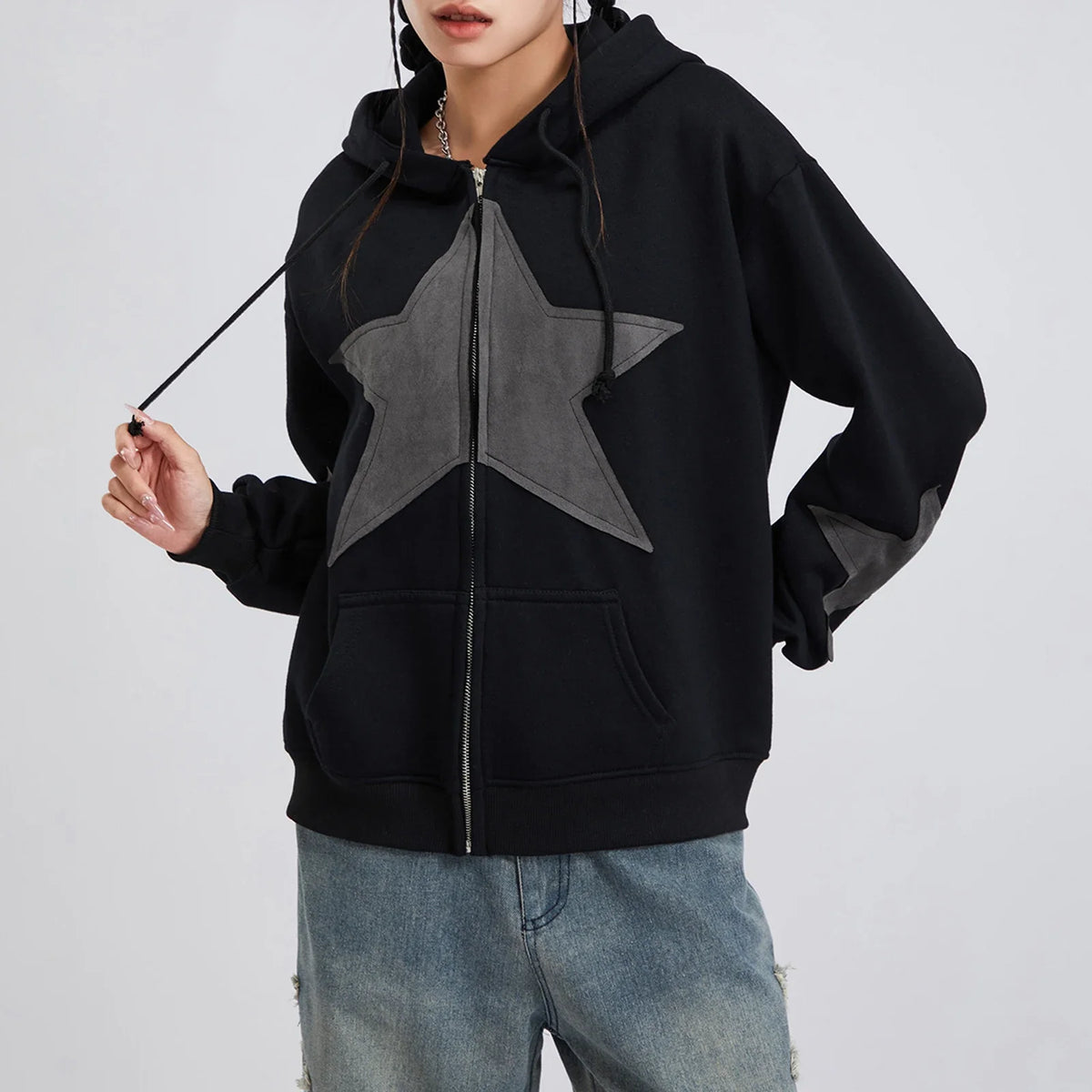 Y2K Star Patch Zip-Up Hoodie