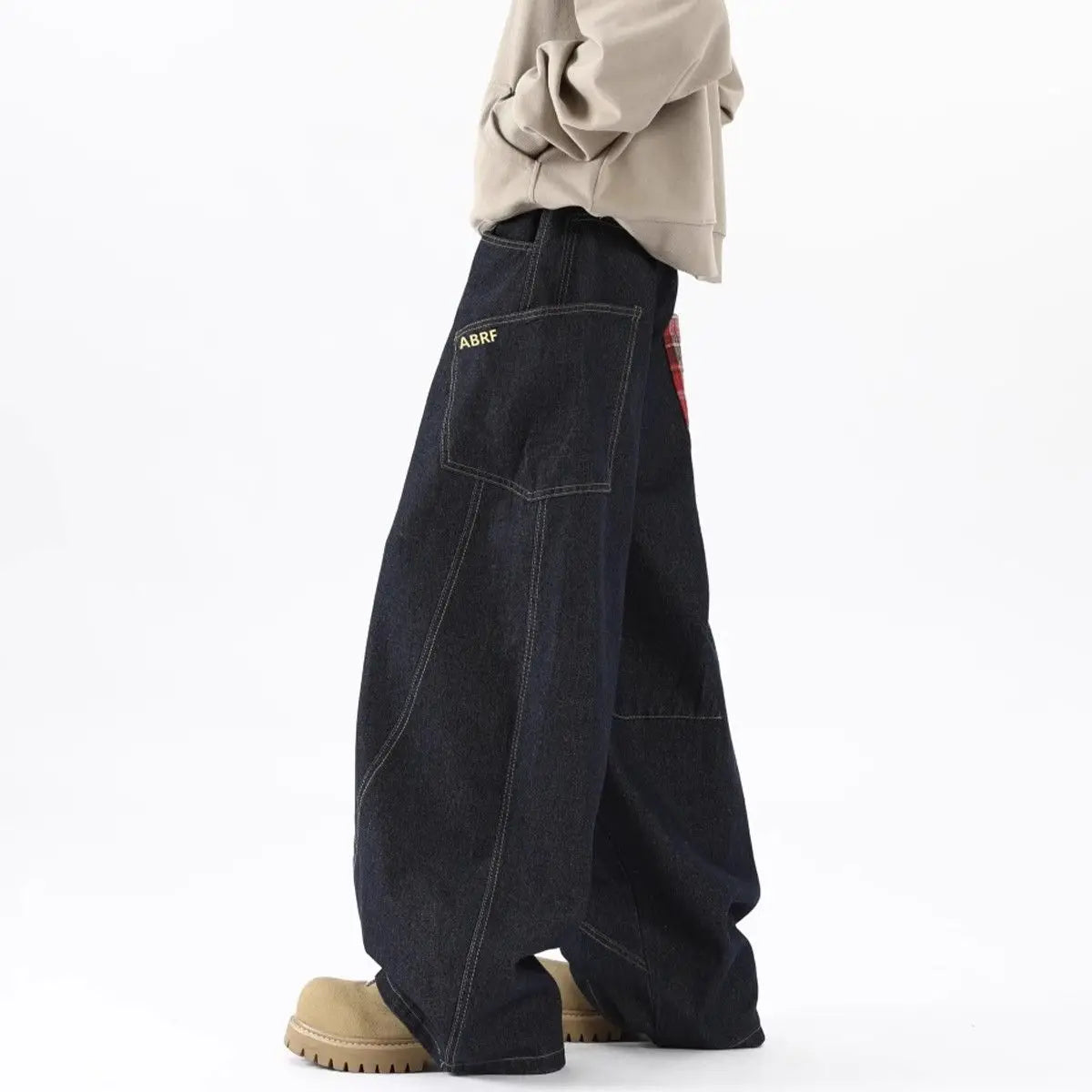 Patchwork Plaid Splicing Wide Leg Jeans