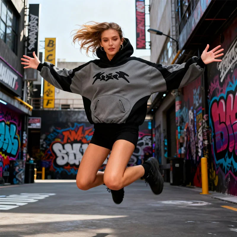 Y2K Bestickter grauer Hoodie