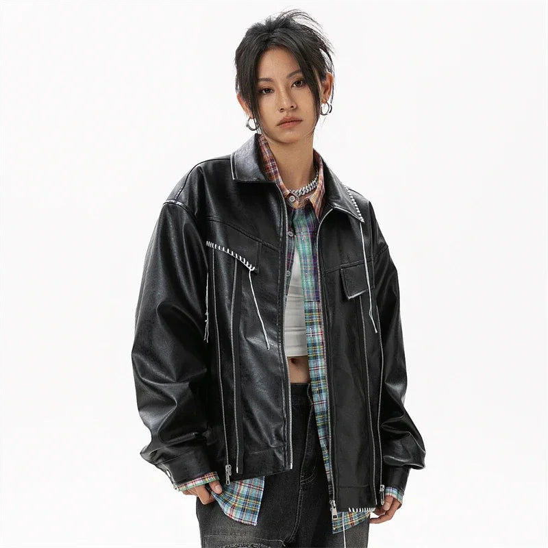 Black Synthetic Skin Rider Zip-up Leather Jacket