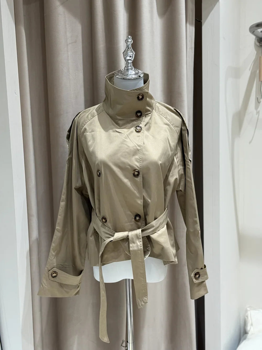 Belted Double Breasted Stand Collar Trench Coat