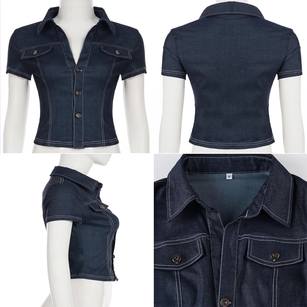 Old Money Retro Cropped Denim Shirt