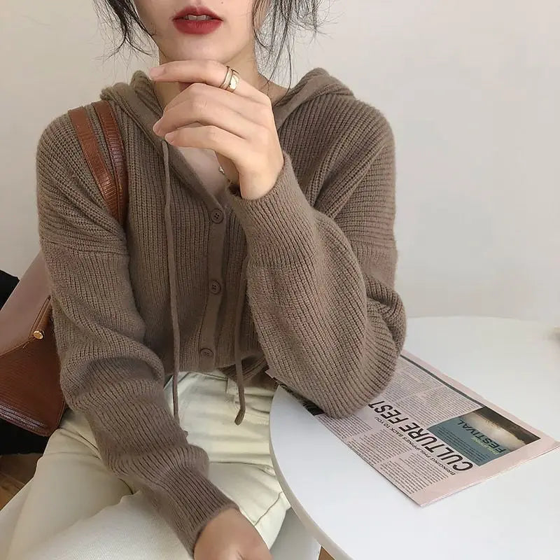 Model wearing the coffee Knitted Hooded Sweater 