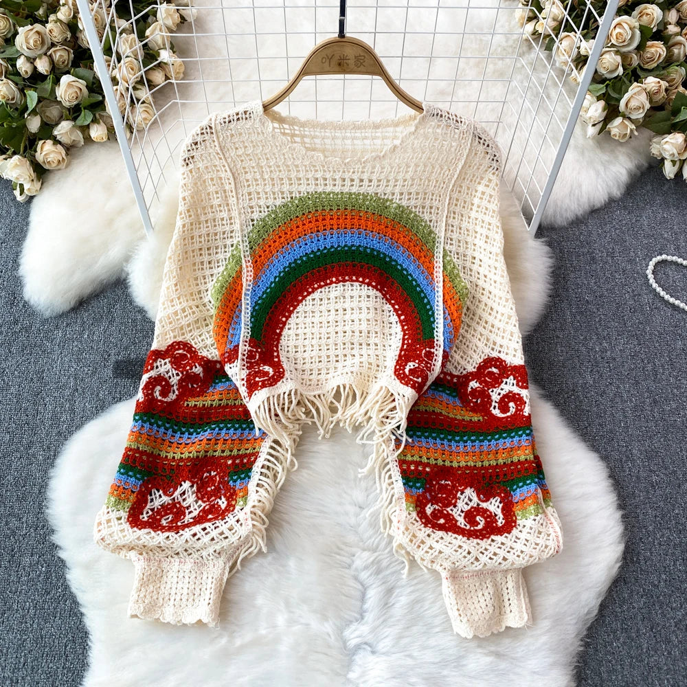 Handmade Knitted Embroidery Rainbow Crochet Top