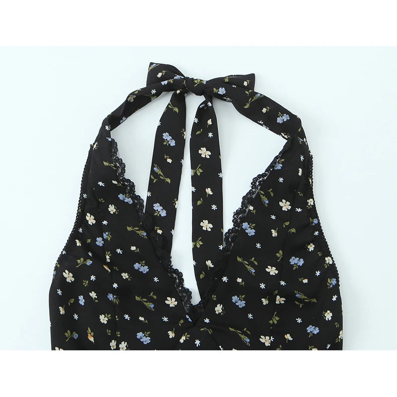 Black Floral Halter Sexy Backless Dress