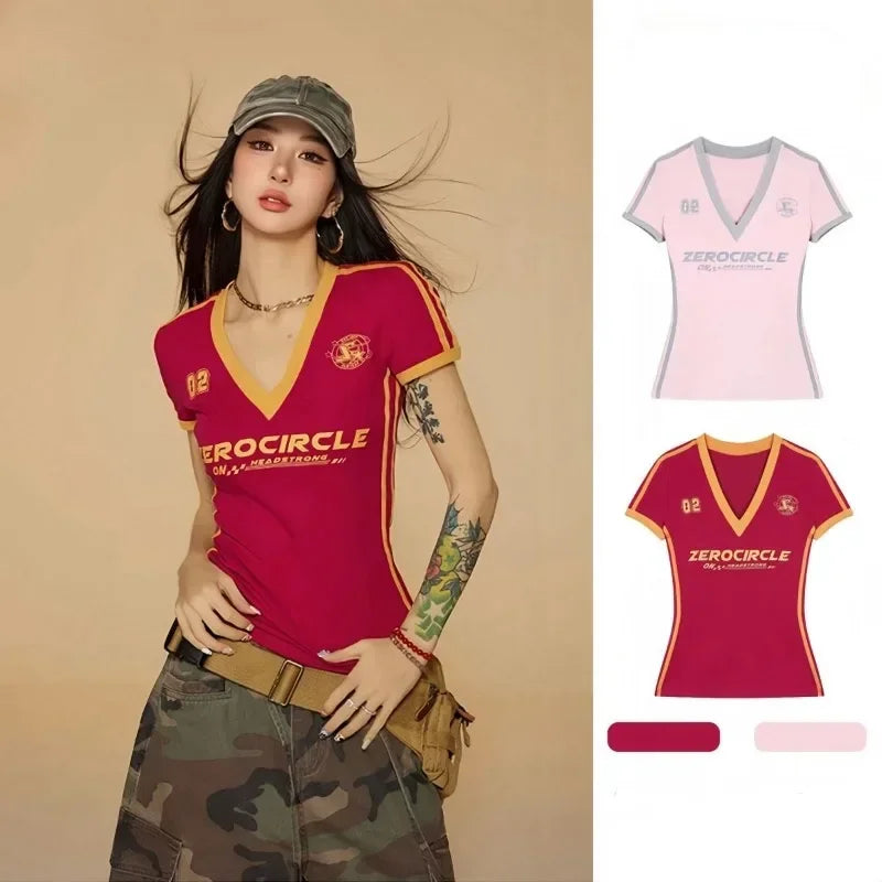 Y2K V Neck Jersey Top