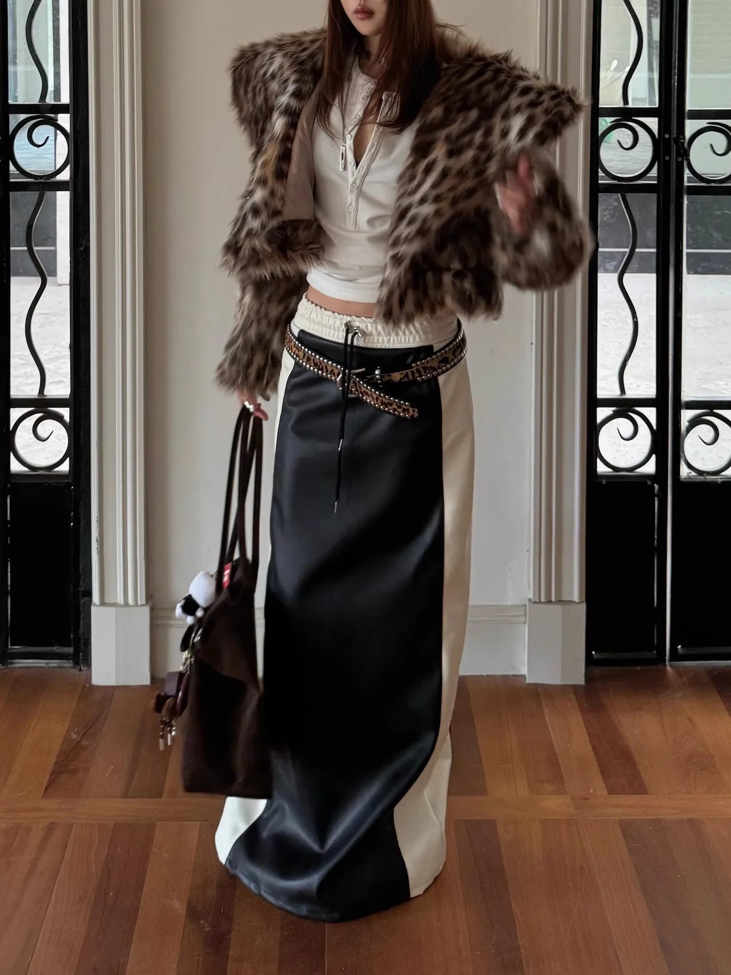 Patchwork Leather Straight Skirt