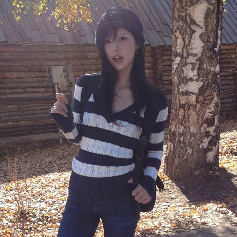 Y2k Striped V-Neck Sweater