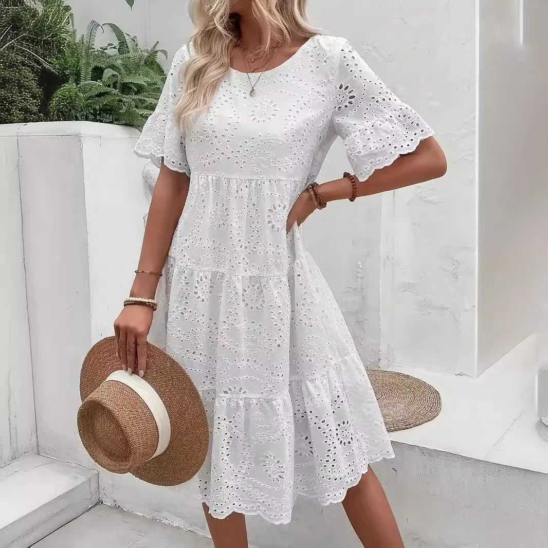 Women's White Hollow Out Boho Midi Dress
