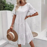 Women's White Hollow Out Boho Midi Dress