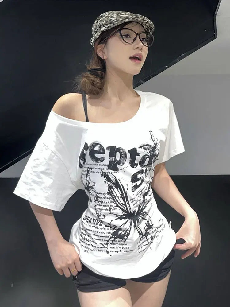 Vintage Y2k Oversized White Butterfly Print T-Shirt