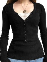 Grunge V-neck Button Long Sleeve Top