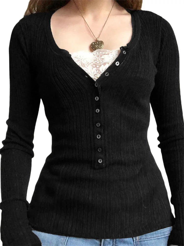 Grunge V-neck Button Long Sleeve Top