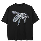Black t-shirt with a white bee design on a white background