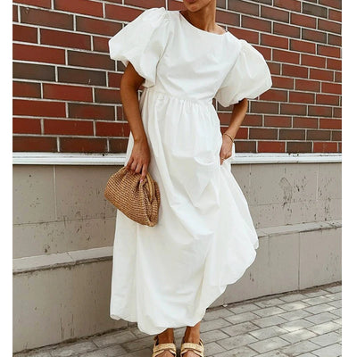Puff Sleeve Bohemian White Boho Midi Dress