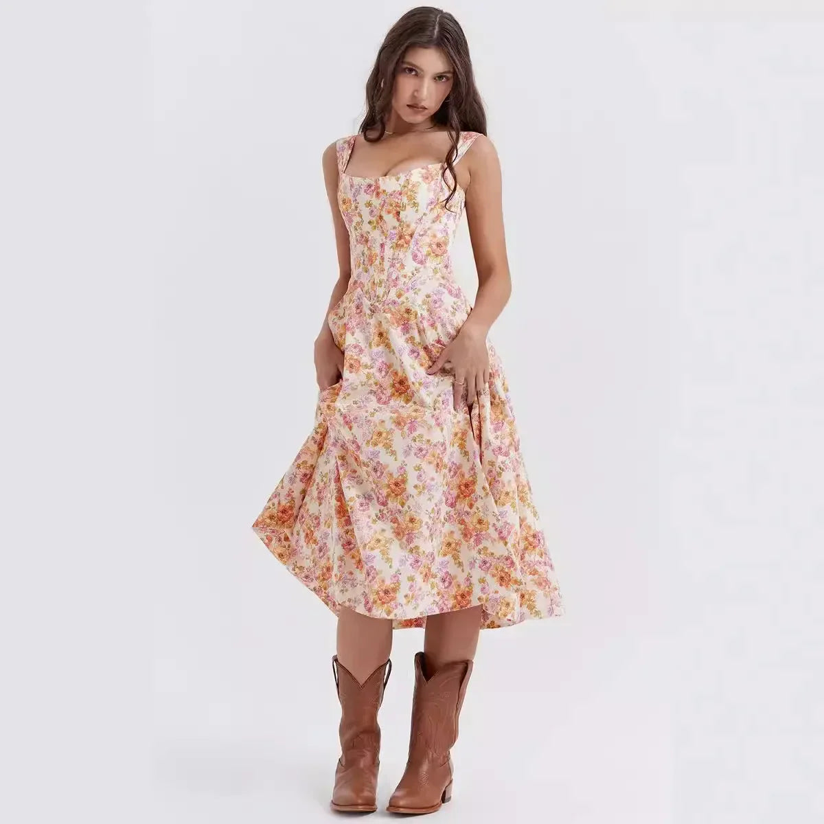Vintage Floral Pattern Midi Dress