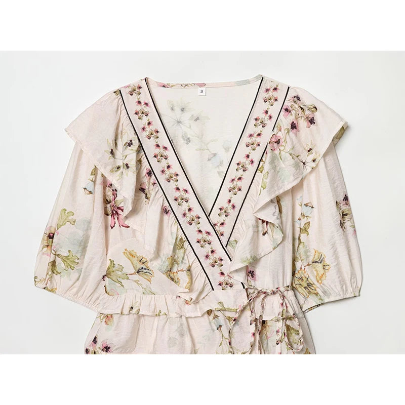 Floral Print Ruffle Wrap Vintage Blouse