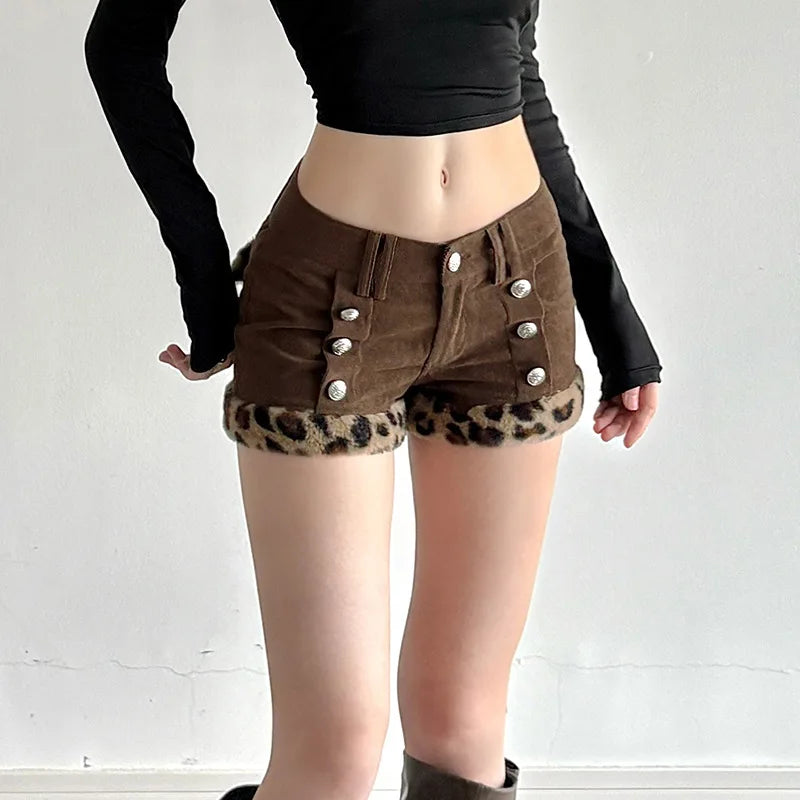 Y2K Baddie Leopard Corduroy Brown Shorts