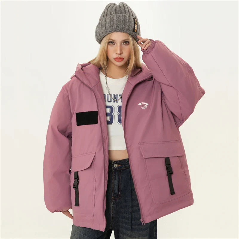 Front Pockets Hooded Pink Parka Jacket