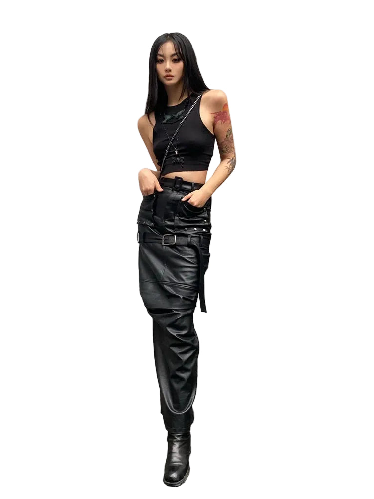 Cool Black Leather High Waist Maxi Skirt Slit Belt