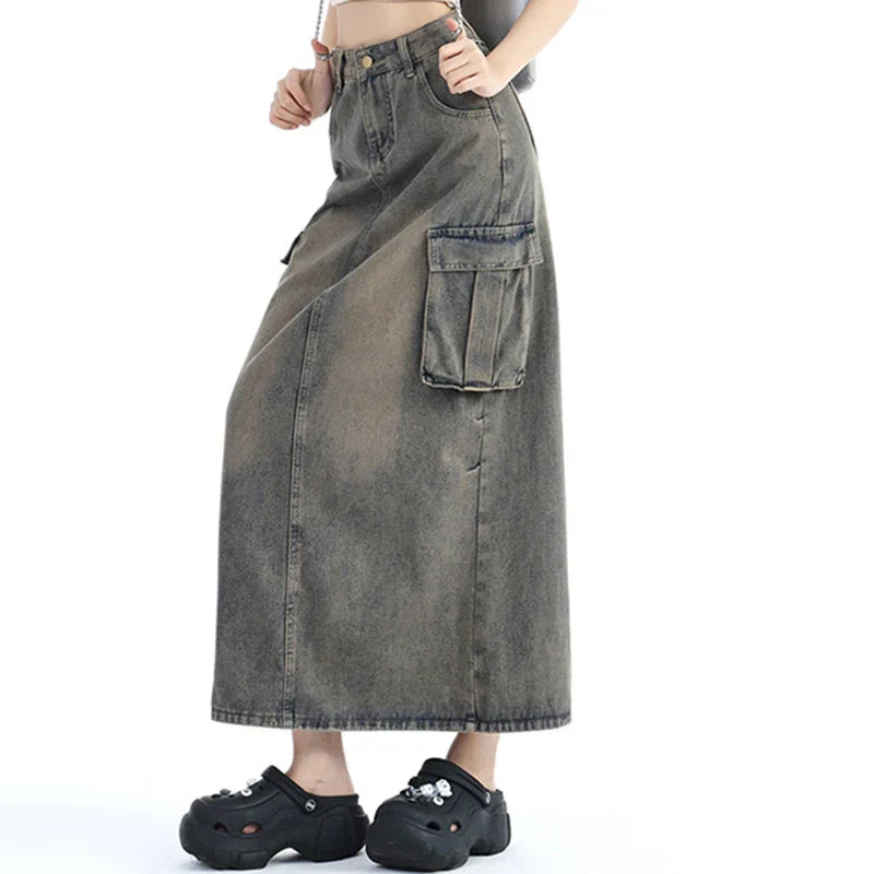 Vintage High Waist Denim A-Line Skirt