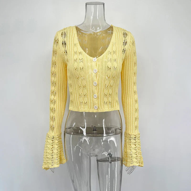 Hollow Knitted Women's Solid Color Long Sleeve Cardigan