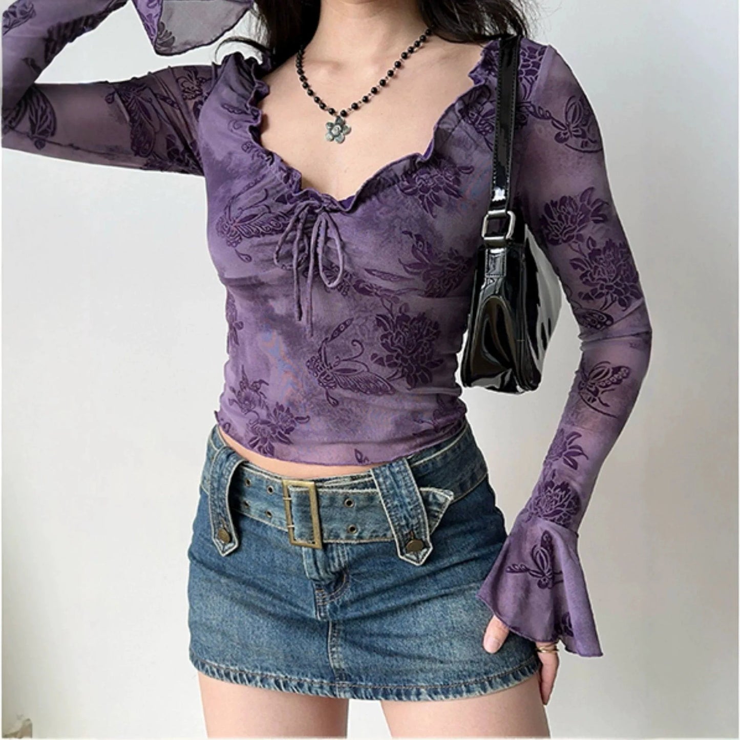 Y2K Floral Purple Blouse