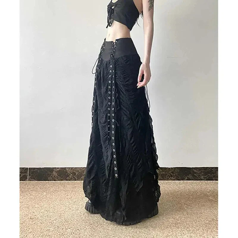 Vintage Lace Patchwork Mesh Maxi Skirt