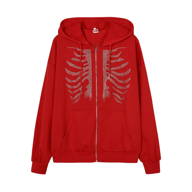 Rhinestone Gothic Skeleton Zip-Up Hoodie