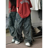 High Waist Straight Blue Cargo Jeans