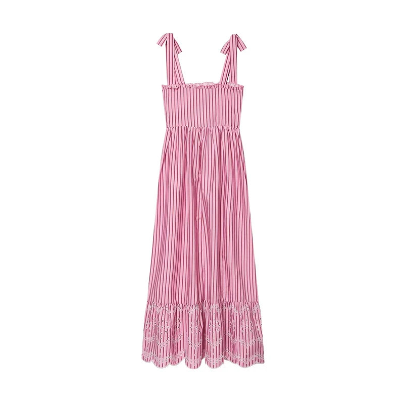 Pink Striped Midi Dress Tie Shoulder Straps