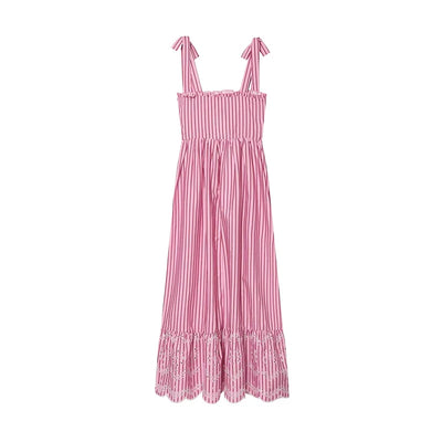 Pink Striped Midi Dress Tie Shoulder Straps