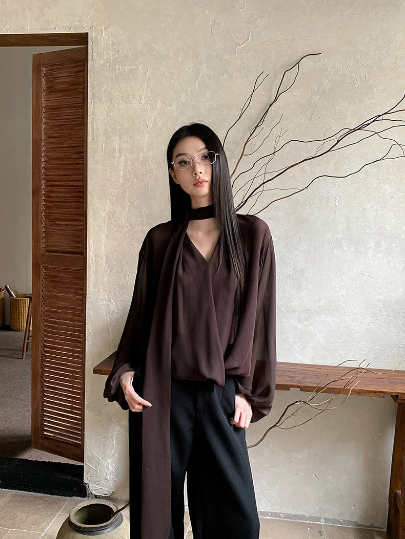 Brown Chiffon long Sleeve Ribbon Blouse