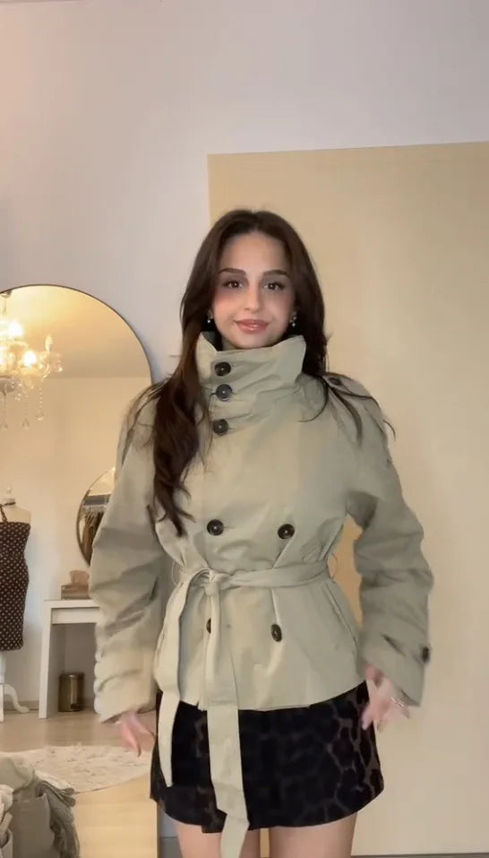 Belted Double Breasted Stand Collar Trench Coat