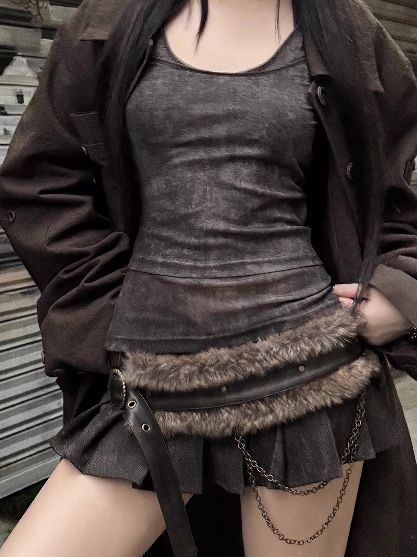 Washed Distressed Leather Mini Pleated Skirt