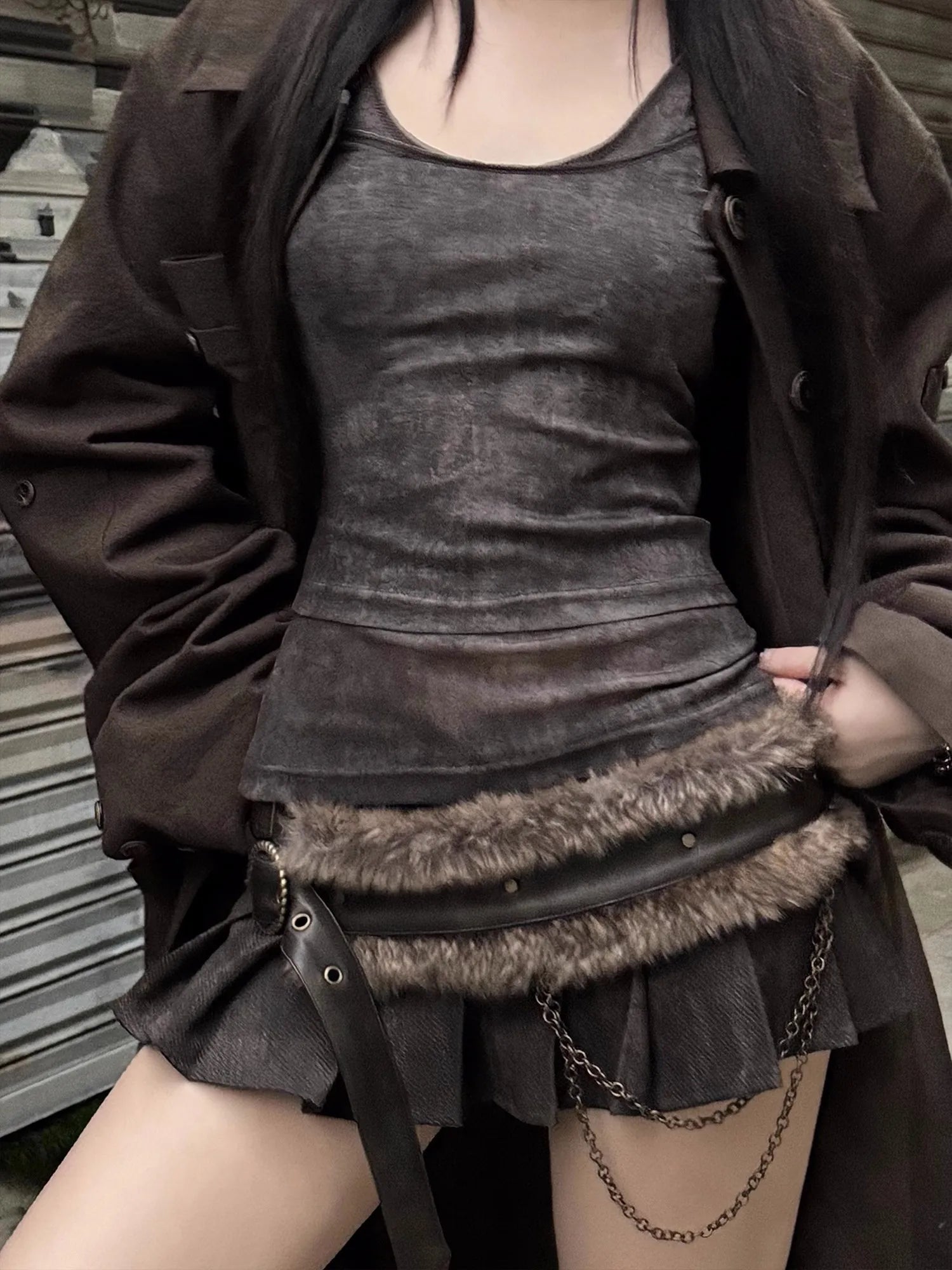Washed Distressed Leather Mini Pleated Skirt