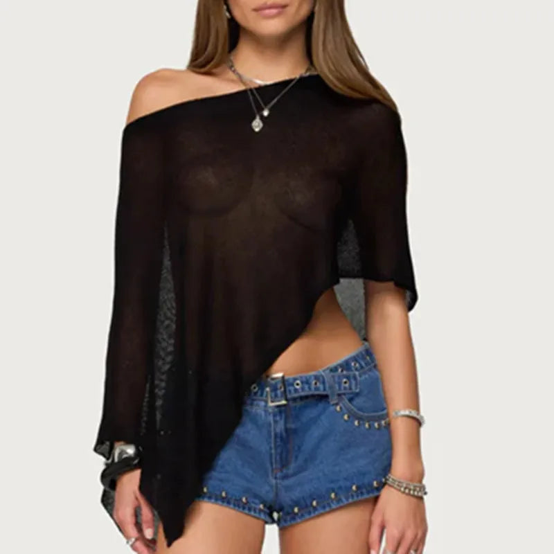 Transparente leichte Strick-Poncho-Bluse